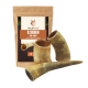 Kuhhorn-Hundekauartikel von Wildfang, verpackt in einer braunen Tüte mit dem Text "KAUHORN FÜR HUNDE" und "COW HORN DOG CHEW."