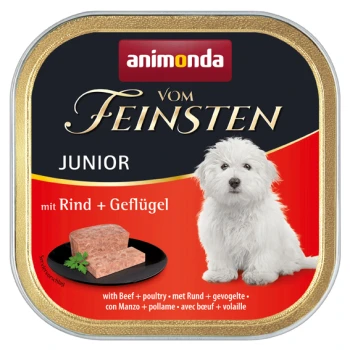 Hundfutterdose mit einem weißen, flauschigen Hund auf dem Etikett, mit dem Text "animonda vom Feinsten JUNIOR mit Rind + Geflügel."