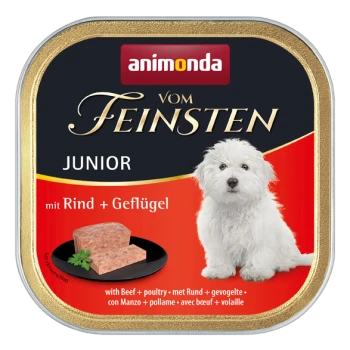 Boîte de nourriture pour chiens avec un chien blanc et duveteux sur l'étiquette, avec le texte "animonda vom Feinsten JUNIOR mit Rind + Geflügel."