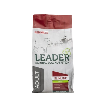 A bag of Leader Natural Dog Nutrition "Slimline Small" dog food featuring a dog silhouette and labels for "Nutritious Turkey" and "Low Calorie."