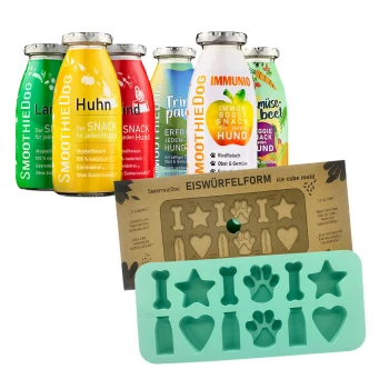 Bunte Snacks für Haustiere in Flaschen, beschriftet mit "Huhn," "Rind," "Lamm," "Immuno," "Gemüse," und einer grünen, knochenförmigen Eiswürfelschale.