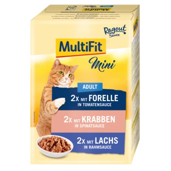 Verpackung für Katzenfutter mit einer roten Katze, gekennzeichnet "MultiFit Mini," mit Forelle, Krabbe und Lachs in verschiedenen Saucen.