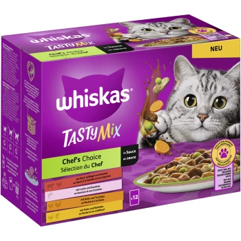 Tasty Mix Multipack Chef's Choice in Sauce 12x85 g Whiskas Tasty Mix Katzenfutterbox mit dem Gesicht einer grauen Katze und bunten Zutaten. Der Text lautet 'Chef's Choice' und Geschmacksoptionen.