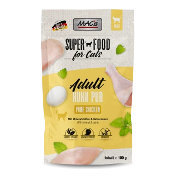 MAC's Super Food für Katzen, 100g Packung Adult Pure Chicken mit Huhn, Ei und Hervorhebungen von Mineralien, Katzenminze, Kräutern und Vitaminen.