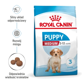 Torba karmy dla psów Royal Canin Puppy Medium dla szczeniąt w wieku 2-12 miesięcy, podkreślająca wsparcie odporności, rozwój mózgu i rozmiar krokietów.