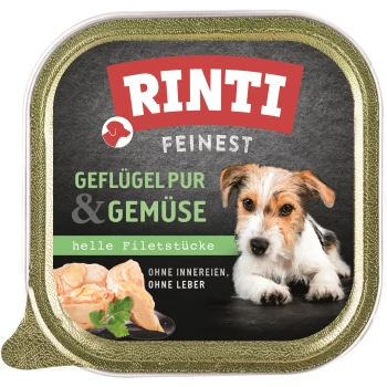 RINTI Feinst Geflügelpur & Gemüse Hundefutterverpackung mit einem kleinen Hund, mit dem Text 'helle Filetstücke' und 'OHNE Innereien, ohne Leber.'