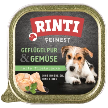 RINTI Feinst Geflügelpur & Gemüse Hundefutterverpackung mit einem kleinen Hund, mit dem Text 'helle Filetstücke' und 'OHNE Innereien, ohne Leber.'