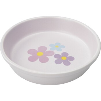 White pet bowl with three pastel flowers (pink, purple, blue) with yellow centers printed inside