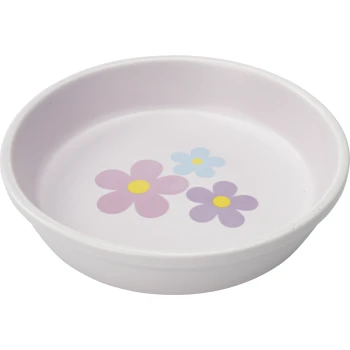 White pet bowl with three pastel flowers (pink, purple, blue) with yellow centers printed inside