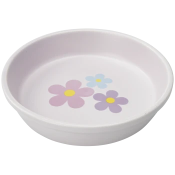 White pet bowl with three pastel flowers (pink, purple, blue) with yellow centers printed inside