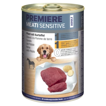 Dosen-Hundefutter mit der Aufschrift 'Premiere Meati Sensitive', das Pferdefleisch und Kartoffeln enthält. Enthält Text in mehreren Sprachen und eine Hundillustration.