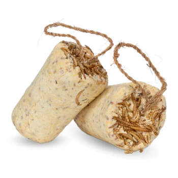 Zwei zylindrische Leckerlis für Haustiere aus einer körnigen Mischung, mit sichtbaren Mehlwürmern im Inneren, mit natürlichem Bindfaden gebunden.