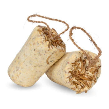 Zwei zylindrische Leckerlis für Haustiere aus einer körnigen Mischung, mit sichtbaren Mehlwürmern im Inneren, mit natürlichem Bindfaden gebunden.