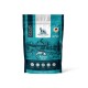 Teal- und silberne Tasche mit deutschem Shephy Gold Hundefutter mit Lachs, beschriftet mit "Glutenfreies Rezept" und "Vom Tierarzt empfohlen."