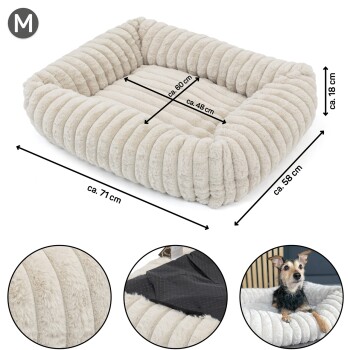 Beiges, plüschiges rechteckiges Hundebett mit Maßen und Nahaufnahmen von Stoff und rutschfestem Boden, gezeigt mit einem kleinen Hund darin.