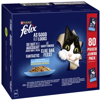 Purina Felix Katzenfutter 80 Beutel Jumbo-Pack mit Thunfisch, Lachs, Kabeljau und einer schwarz-weißen Katze, die durch zerrissenes Papier lugt.