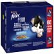 Purina Felix Katzenfutter 80 Beutel Jumbo-Pack mit Thunfisch, Lachs, Kabeljau und einer schwarz-weißen Katze, die durch zerrissenes Papier lugt.
