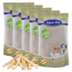 Fünf Tüten Lyra Pet natürliche Hundeleckerlis, mit einem Haufen Kausticks davor. Jede Tüte hat ein grünes Logo und Bilder von Hunden und Katzen.