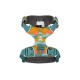Bunte Hundegeschirr von Ruffwear mit einem Wellenmuster in Orange und Teal, mit verstellbaren Riemen und einem Etikett, das die Größe 'S' angibt.