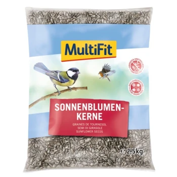 Sonnenblumenkerne 2.5 kg Ein 2,5 kg Sack MultiFit Sonnenblumenkerne mit einer Schwanzmeise und einem Rotkehlchen, beschriftet mit "SONNENBLUMEN-KERNE."