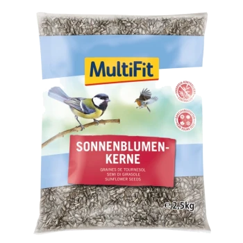 A 2.5 kg bag of MultiFit sunflower seeds with a great tit and robin, labeled "SONNENBLUMEN-KERNE."