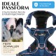 Ein Hundegeschirr mit floralem Design, mit verstellbaren Riemen und stabilen Schnallen. Der Text hebt "IDEALE PASSFORM" und "FESTE SCHNALLEN" hervor.