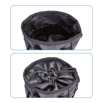 Schwarze Haustieraufbewahrungstasche mit Kordelzugverschluss, die das Innere und die Draufsicht zeigt, entworfen zur Organisation von Haustierbedarf.