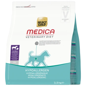 Select Gold MEDICA Veterinary Diet hypoallergenes Hundefutter, Beutel türkis/weiß, Hundesymbol, 'Hypoallergen', 2,5 kg.