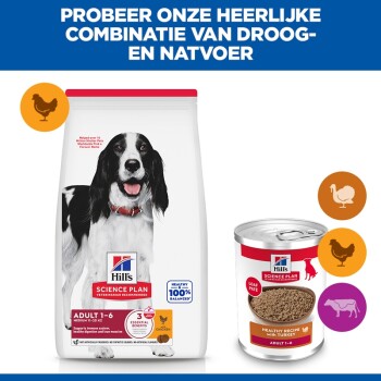 Zak Hill's Science Plan hondenvoer met zwart-witte hond en blik kalkoennatvoer, labels 'Science Plan' en 'Adult 1–6'.