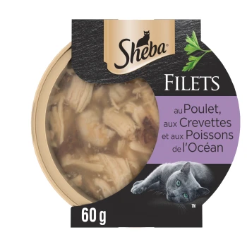 Filets de nourriture pour chat Sheba avec poulet, crevettes et poisson de mer, 60g, avec image d’un chat gris sur l’emballage.