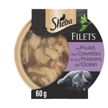 Filets de nourriture pour chat Sheba avec poulet, crevettes et poisson de mer, 60g, avec image d’un chat gris sur l’emballage.