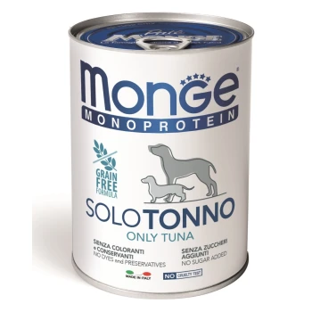 Boîte de nourriture pour chien Monge Monoprotein avec l'étiquette "Solo Tonno" (Seulement Thon), formule sans céréales, et revendications de sans colorants ni conservateurs.