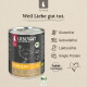 Liebesgut Bio-Huhn Dose mit Hühnchenzeichnung, Slogan 'Weil Liebe gut tut.' mit Angaben 'Glutenfrei' und 'Laktosefrei'.
