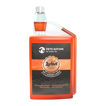 Flasche Pets Nature Lachöl (Lachsöl) mit Pumpenkopf, beschriftet mit "100% Qualitäts-Lachsöl", frei von Zusatzstoffen und Konservierungsmitteln.