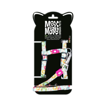 Verpackte Max & Molly Katzenleine und -geschirr mit Urban Pets Logo, buntem Donut-Muster, rosa Schnallen und Metallkarabiner.