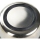 Close-up of a shiny stainless steel pet food bowl with a black rubber base, reflecting light and showing a smooth surface.