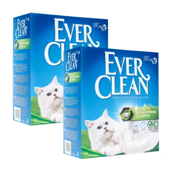 Zwei Boxen Ever Clean Katzenstreu mit einer weißen Katze, beschriftet 'Duftend Extra Stark Klumpend' und '10L Niedrigstaub-Formel.'