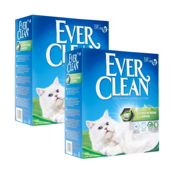 Zwei Boxen Ever Clean Katzenstreu mit einer weißen Katze, beschriftet 'Duftend Extra Stark Klumpend' und '10L Niedrigstaub-Formel.'