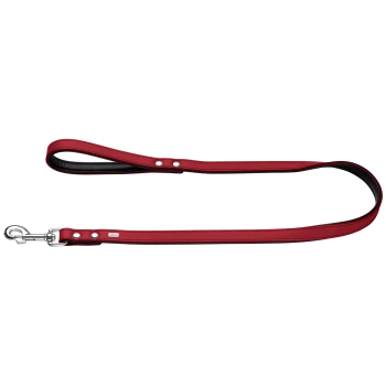 Rote Leder-Hundeleine mit schwarzer Polsterung, silbernem Karabinerhaken und kleinem Metallanhänger mit der Aufschrift 'HUNTER'