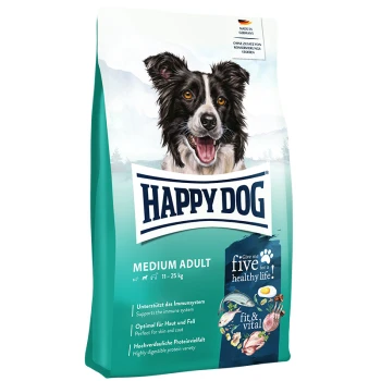 Hundefutterbeutel mit einem lächelnden Border Collie, beschriftet mit "HAPPY DOG MEDIUM ADULT" für Hunde mit einem Gewicht von 11-25 kg, mit aufgeführten Nährwerten.