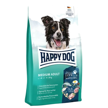 Hundefutterbeutel mit einem lächelnden Border Collie, beschriftet mit "HAPPY DOG MEDIUM ADULT" für Hunde mit einem Gewicht von 11-25 kg, mit aufgeführten Nährwerten.
