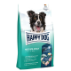 Hundefutterbeutel mit einem lächelnden Border Collie, beschriftet mit "HAPPY DOG MEDIUM ADULT" für Hunde mit einem Gewicht von 11-25 kg, mit aufgeführten Nährwerten.