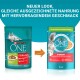 Verpackung von Purina ONE Katzenfutter mit einem neuen Design, das eine graue Katze zeigt, mit Text über hervorragende Ernährung und Geschmäcker.