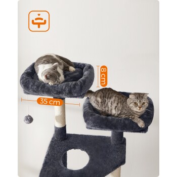 Zwei Katzen, die auf einem dunkelgrauen Katzenbaum mit plüschigen Betten entspannen, mit einer Höhe von 35 cm und einer Betttiefe von 8 cm.