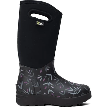 Schwarzer Gummiregenstiefel mit floralem Muster und einem Neopren-Obermaterial, mit einem Griff für einfaches Anziehen.