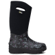 Schwarzer Gummiregenstiefel mit floralem Muster und einem Neopren-Obermaterial, mit einem Griff für einfaches Anziehen.