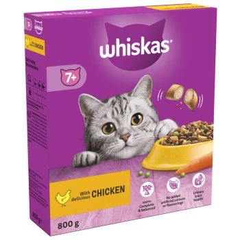 Whiskas cat food packaging featuring a gray cat with large eyes, labeled "7+" and "With delicious CHICKEN," 800g, 100% complete & balanced.