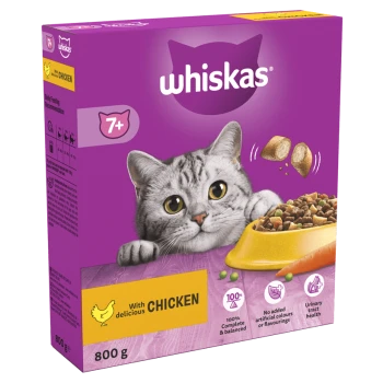 Whiskas cat food packaging featuring a gray cat with large eyes, labeled "7+" and "With delicious CHICKEN," 800g, 100% complete & balanced.