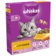 Whiskas cat food packaging featuring a gray cat with large eyes, labeled "7+" and "With delicious CHICKEN," 800g, 100% complete & balanced.