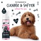 Ein glücklicher, flauschiger brauner Hund sitzt neben einer Flasche Bugalugs No Rinse Baby Fresh Shampoo, das als vegan und pH-ausgeglichen gekennzeichnet ist.